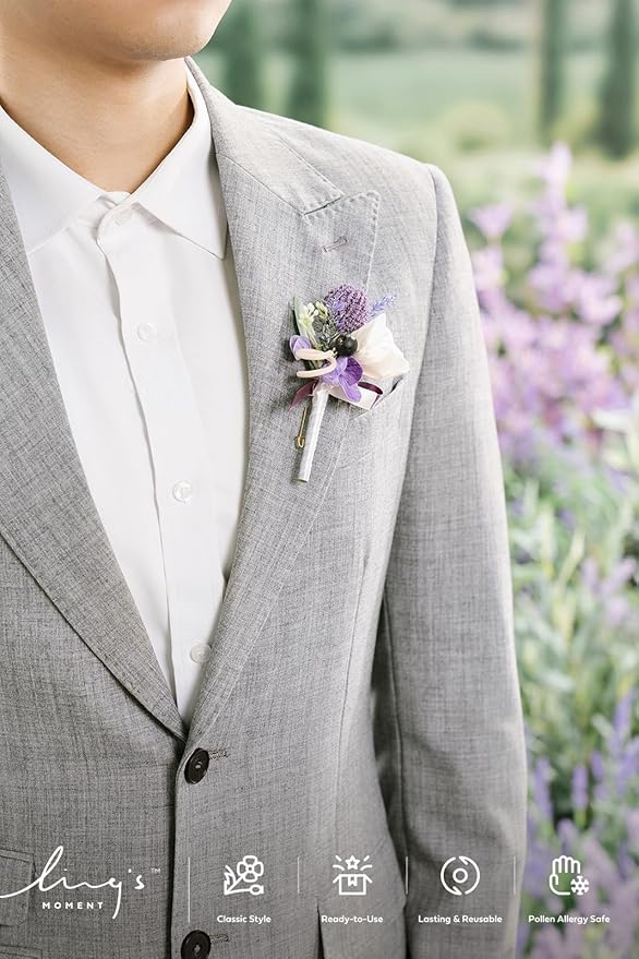 Ling's moment Boutonniere for Men, 6pcs Groom Groomsmen Boutonniere, Artificial Flowers for Wedding Decor/Prom/Homecoming, etc.Purple Lavender Lilac