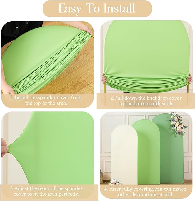 Boho Arch Backdrop Cover 8FT 7.2FT 6.6FT Stretchy Wedding Arch Covers Set of 3 Spandex Fitted Sage Green Light Green Cream Fabric Backdrop Cover for Party Baby Shower Birthday Decoration