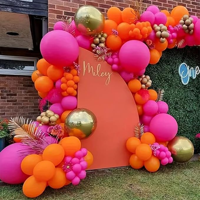 Pink and Orange Balloons 12 Inch Pastel Hot Pink Orange Latex Balloon with Gold Confetti Helium Party Balloons for Tropical Fall Birthday Halloween Baby Shower Thanksgiving Decoration
