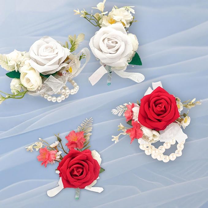 Wrist Corsage and Boutonniere Set, Artificial Rose Corsage Wristlet and Boutonniere for Wedding Prom Party (White, 2pcs)