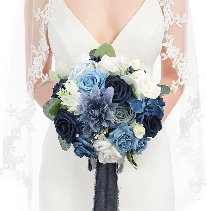 Rinlong 10.6 Inch Wedding Bouquets for Bride Navy Blue Bridal Bouquet for Wedding Artificial Flowers Silk Bouquet