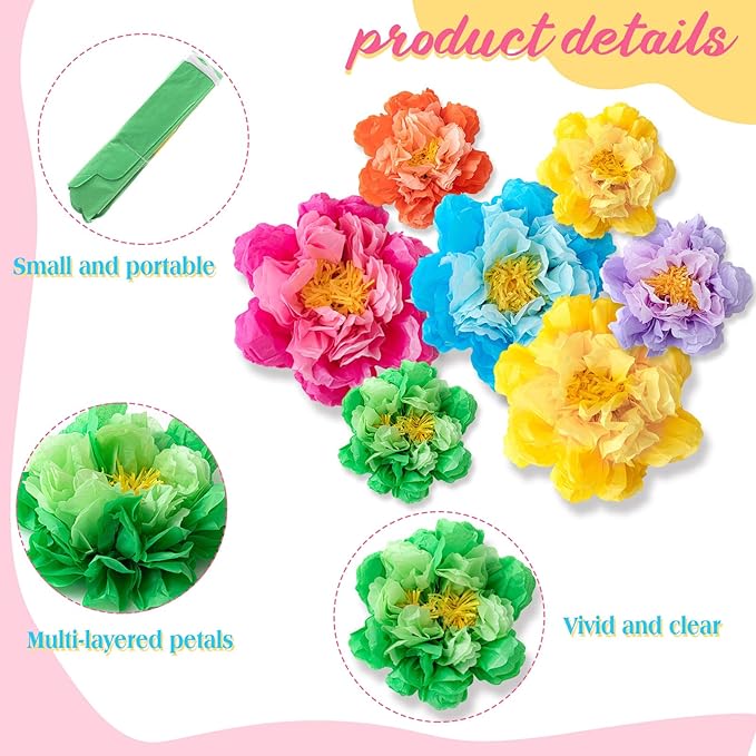 MotiMind 12 Pcs Large Colorful Tissue Paper Flowers 20" 10'' Giant Fiesta Paper Flowers Mexican Pom for Carnival Party Wall Backdrop Decoration Wedding Birthday(Bright Color)