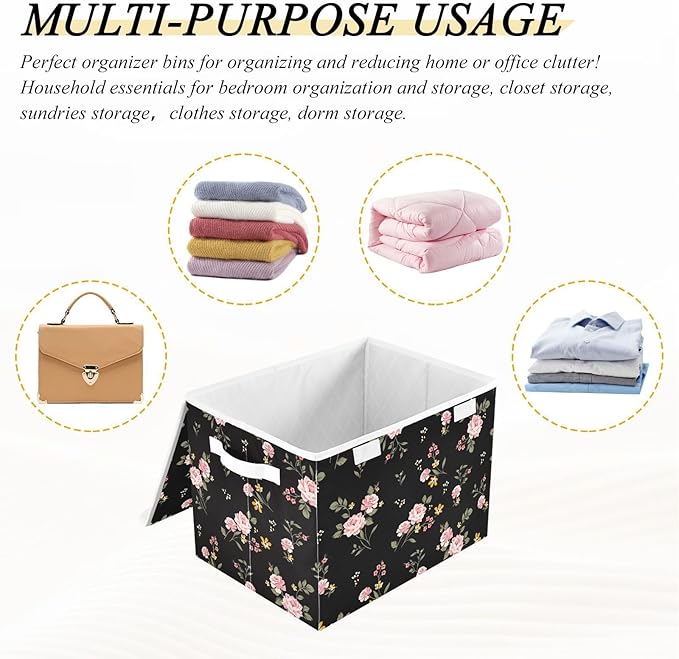 Flower Baskets Collapsible Storage Bins with Lids, Purple Green Rose Flower Storage Boxes Clothes Baskets for Organizing