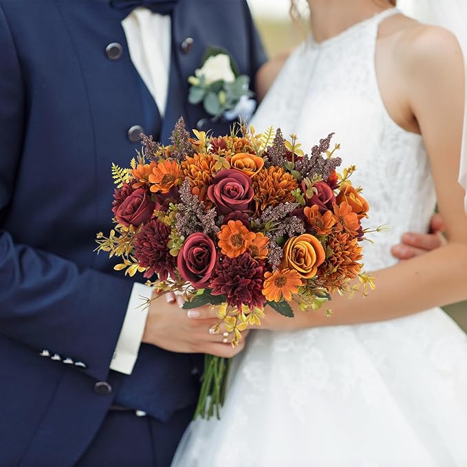 Dremisland Artificial Fall Flowers Like Real Artificial Bouquet 4 Packs Silk Artificial Roses Bouquet with Daisy Chrysanthemum Orange Red Fall Flowers for Centerpiece Table Autumn Halloween Decor