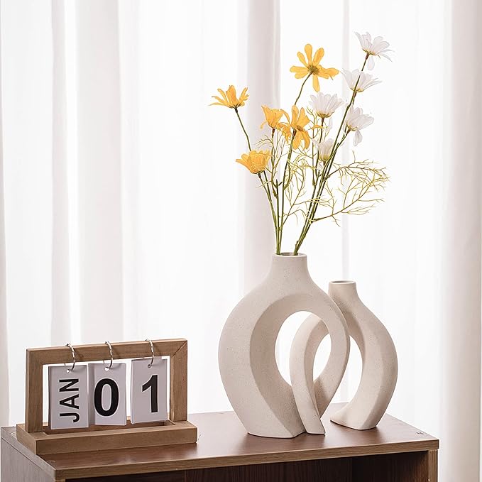 Ceramic Vases for Home Decor Set of 2, Off White Boho Small Flower Vase, Minimalist Decorative Modern Donut Vase for Living Dining Room Office Entryway Book Shelf Coffee Console Table Décor