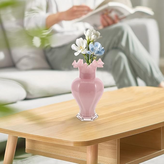 Handblown Glass Flower Vase Pink Pearl Wave Mouth Decorative Floral Arrangement Holder for Home Table Office Wedding Centerpiece Modern Artistic Accent