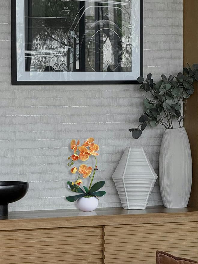 Forlaoers 17" Orange Artificial Orchids That Look Real with Pot Fake Orchid in Vase Artificial Flowers for Home Decor Indoor Office Table Centerpieces Bathroom Decoration