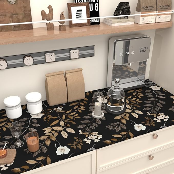 Vintage Wallpaper Peel and Stick Black Floral Wall paper 17.5'' x 393'' Gold Leaf Contact Paper Waterproof Self Adhesive Removable Modern Boho Walls Murals for Bedroom Cabinets Kitchen Locker Drawer
