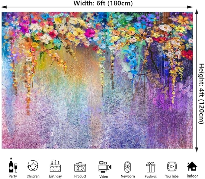 6x4ft Purple Abstract Flower Backdrop Watercolor Painting Photography Background for Wedding Bridal Shower Birthday Party Portrait Shooting Video Studio Props