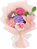 Crochet Flowers,Finished Bouquet Crocheted Cotton Thread Flowers, Handmade Crochet Rose Tulip Fern Leaf as a Gift for Lover, Friends. Artificial Flower (Light Pink)