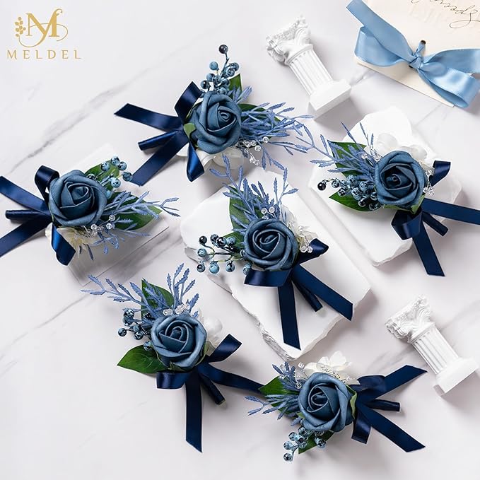 Meldel Blue Boutonniere for Men Wedding, Set of 6, Groom Groomsman Guest Boutonnieres Wedding Decor Artificial Flowers Corsage for Wedding Ceremony Formal Dinner Prom Party Decoration