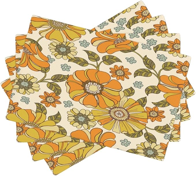 Vintage Floral Placemats, Orange 70s Rustic Natural Hippy Boho Floral Plant Print Washable Fabric Placemats Table Kitchen Dining Party 12x18 Inch Set of 4