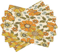 Vintage Floral Placemats, Orange 70s Rustic Natural Hippy Boho Floral Plant Print Washable Fabric Placemats Table Kitchen Dining Party 12x18 Inch Set of 4