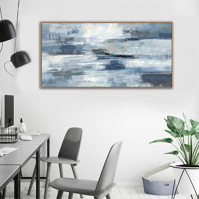 Abstract Framed Canvas Wall Art Vintage Blue White Grey Pictures Ocean Wall Decor Modern Artwork Painting Prints for Living Room Bedroom Bathroom Office Home Decoration Ready to Hang 24" X 48"