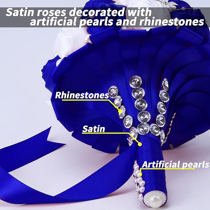 Handmade Wedding Flowers Bridal Bouquets Crystal Bride Holding Bouquet White Ivory Satin Roses with Diamond Pearl Ribbon.(bluewhite)
