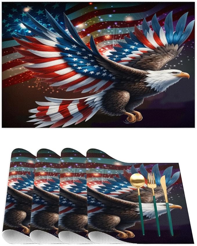 Independence Day Bald Eagles Flag Placemats Set of 1 PVC Vinyl Non Slip Table Mats Waterproof Heat Resistant Place Mats Washable Wipeable Dining Table Mat for Kitchen Party Indoor Outdoor Decorative