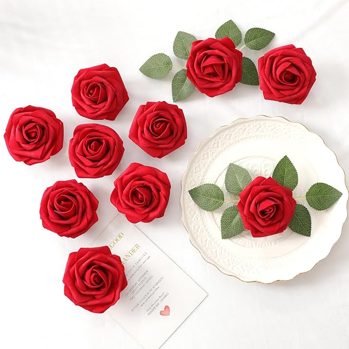 DerBlue 60pcs Artificial Roses Flowers with stem and 10pcs Green Leaves Real Looking Fake Roses Artificial Foam Roses Decoration DIY for Wedding,Arrangements Party Home Decorations