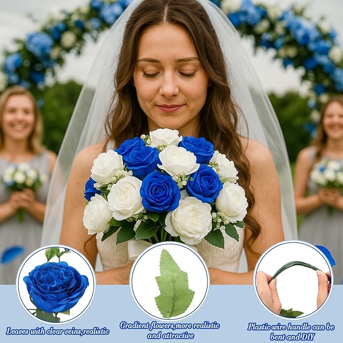 Geosar 8 Bundles Artificial Peonies Flowers Fake Silk Peony Bouquet Faux Peonies Flowers Bulk for Decoration Vase Floral Arrangements Wedding Party Table (Royal Blue,White)