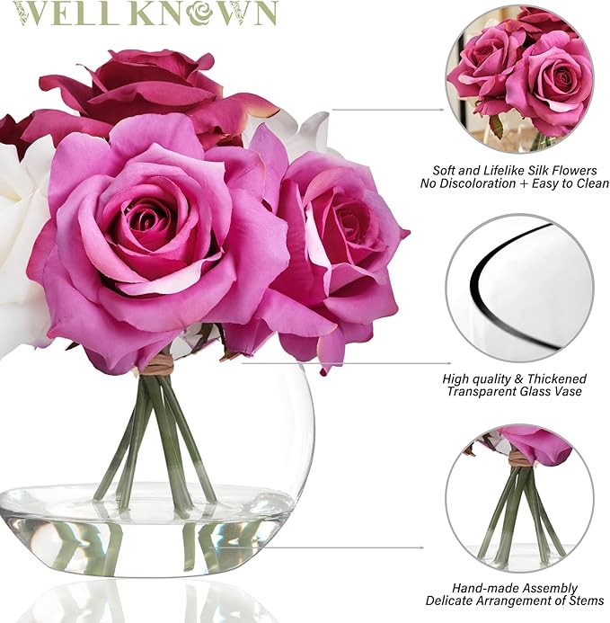 WELL KNOWN Artificial Flowers with Vase, Artificial Rose Flower Arrangements, Silk White & Pink Roses Bouquet in Glass Vase with Fake Water for Home Office Hotel Wedding Party Dinning Table Decor Gift