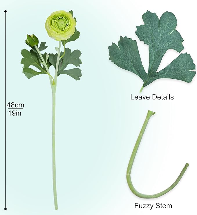 Artificial Ranunculus Flowers with Real Touch Stem,Silk Ranunculus Flowers (Green, 6pcs)
