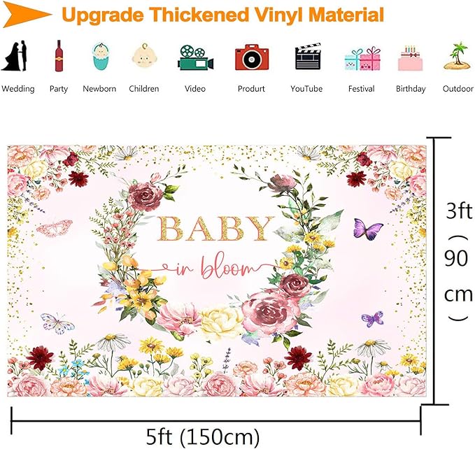 InMemory Baby in Bloom Backdrop Wildflower Baby Shower Decorations for Girl,Spring Wildflowers Baby in Bloom Baby Shower Banner Background Wild Floral Girl Shower Party Supplies Photobooth Props 5x3ft