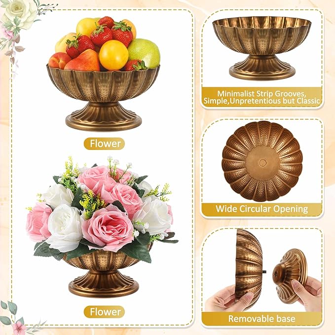 2 Pcs Metal Compote Bowl for Centerpiece Flower Holder Small Compote Vase Indoor Outdoor Flowers Fruits Plant for Christmas Wedding Home Party Decoration (Medium,Gold Bronze)