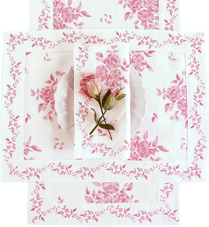 Solino Home Pink Floral Print Table Runner 72 Inches Long - 100% Pure Linen Table Runner 14 x 72 Inch - Handcrafted and Machine Washable - Jolie Fleur Print