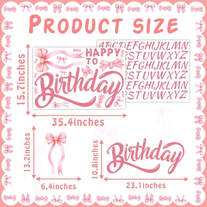 Custom Name Happy Birthday Signs for Backdrop Sweet Girl Birthday Party Vinyl Stickers for Pink Bow Balloon Arch Decoration Women Happy Birthdays Letters Banner Photo Background Sticker Party Supplies