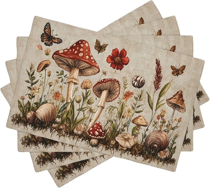 Rustic Mushroom Placemats Set of 4 Washable Table Mats Vintage Botanical Leaf Heat-Resistant Cotton Linen Place Mats for Dining Table Kitchen Indoor Outdoor Party Holiday Decor