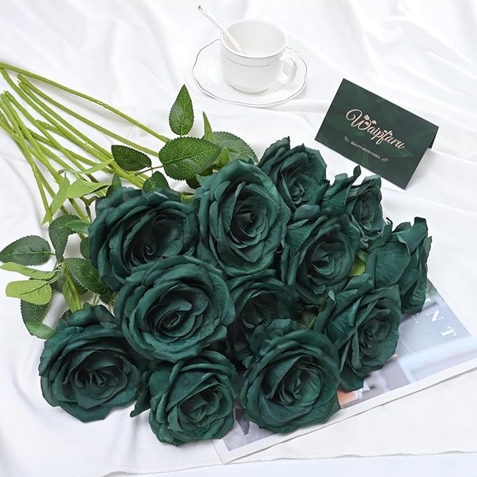 Waipfaru 16 Pcs St Patricks Day Roses, Long Stem Fake Roses Artificial Flowers, Silk Flowers for Valentines, Roses Bouquet Peacock Green Home Decor