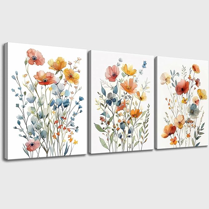 Watercolor Flower Wall Art for Living Room Flower Pictures Wall Decor Orange Floral Canvas Art Colorful Wildflower Poster Prints for Bedroom Bathroom Home Decor 12"x16"x3pcs
