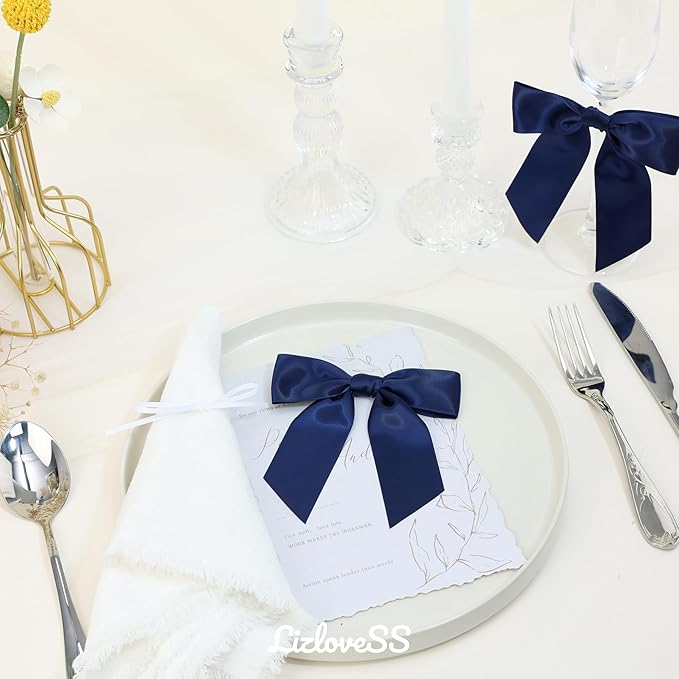 Navy Blue Satin Ribbon Twist Tie Bows 5 Inch Pre-Tied Blue Gift Bows for Crafts, Treat Bags, Party Favors, Wedding, Baby Shower, Candy Apple, Christmas Tree (36 Pack)