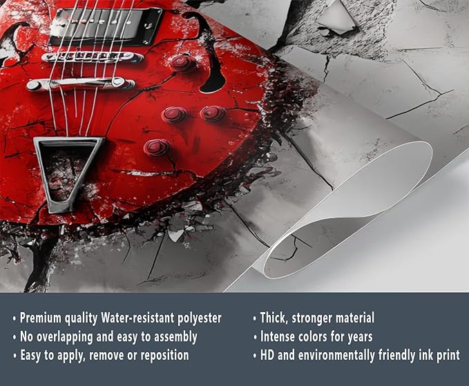 Red Electric Guitar Wall Mural, Grunge Style Guitar 3D Wall Murals, Rock Music 3D Explosion Wallpaper Mural, for Living Room Bedroom Large Wallpaper Indoor Decor 118" W x 82.6 "H