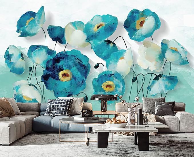 Blue Oil Painting Flowers Wall Mural Wallpaper for Bedroom 103" x 69"