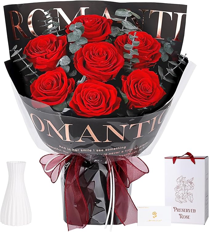 Preserved Flowers Bouquet 7 Roses - Red Real Rose & Flowers for Delivery, Long-Lasting Flower with Gift Box, Eternal Roses Bouquet for Mothers, Mom, Wife, Anniversary Birthday Gifts for Women, Black