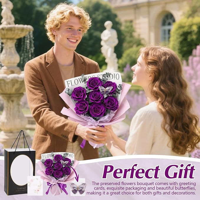 Casaido Preserved Flowers for Delivery, 7 Purple Roses Bouquet, Birthday Gifts for Women, Christmas Rose Gifts for Mom Wife Girlfriend, Forever Real Flowers for Valentines Day Anniversary