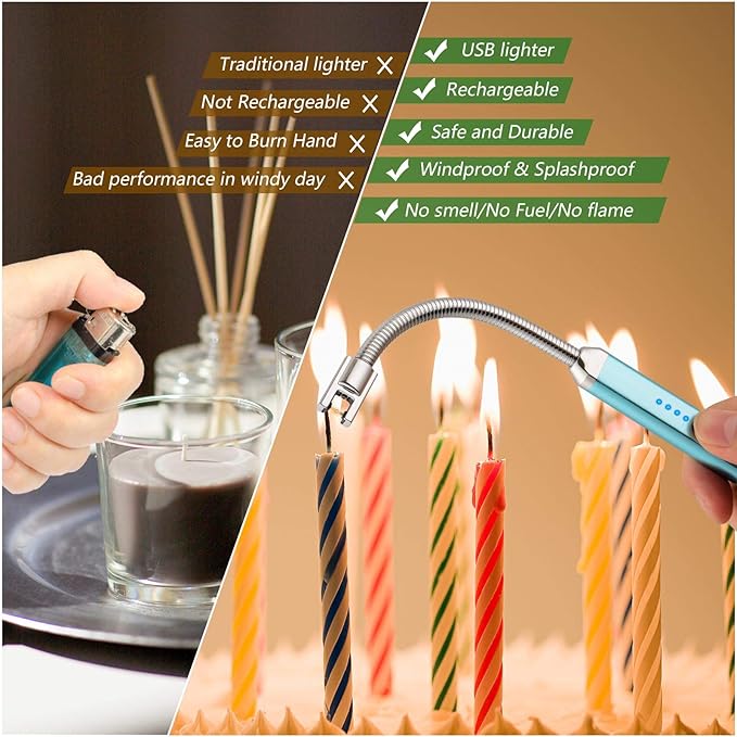 MEIRUBY Electric Candle Lighter, Birthday Christmas Stocking Stuffers Gifts for Women Mom Men Wife Sister, USB Arc Rechargeable Windproof Long Lighter for Candle BBQ Housewarming Gift Idals
