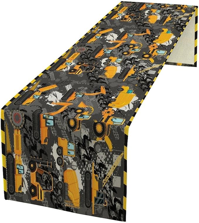 Cartoon Car Table Runner,Boy Kids Construction Yellow Tractor Excavator Tablecloth Burlap for Hotel Indoors Outdoor Dining Room Kitchen Home Decor,W13X L80 in