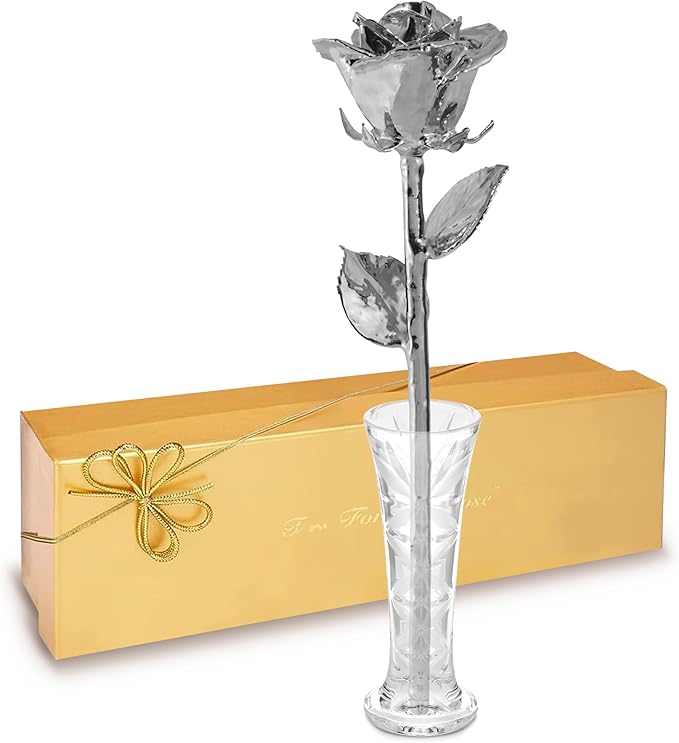 Forever Rose Real Rose Dipped in Platinum, Handcrafted Preserved Rose in Clear Glass Bud Vase and Luxury Gold Gift Box, Romantic Gift for Her, Elegant Keepsake for Anniversary, Birthday, Any Occasion