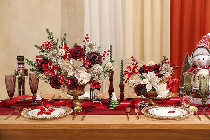 YYHUAWU Artificial Christmas Flowers Greenery Combo Box Set Faux Flowers Bulk Flower Leaf with Stems for DIY Tree Ornaments Xmas Wreath Floral Arrangements Centerpieces