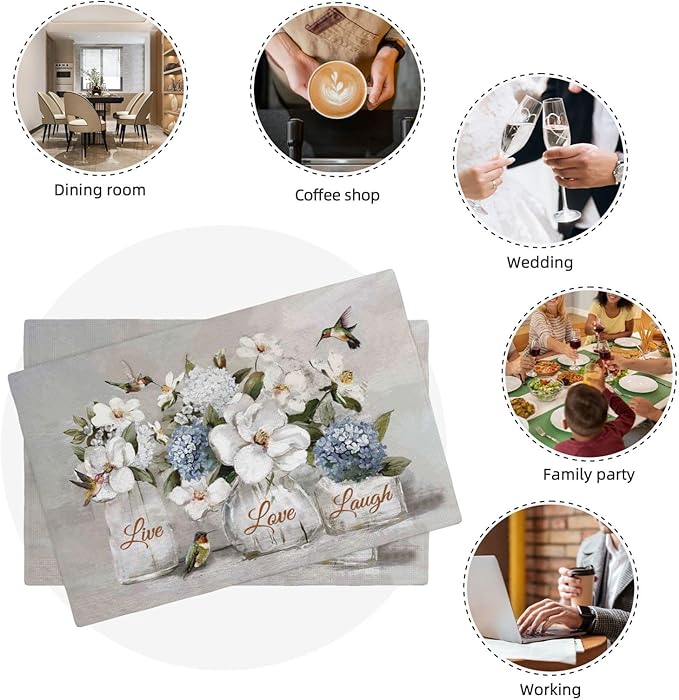 White Flower Placemats Set of 6, Hummingbirds Floral Live Love Laugh Double-Sided Table Mats for Kitchen Dining Room Home Party Indoor 6 PCS 12x18 Inch