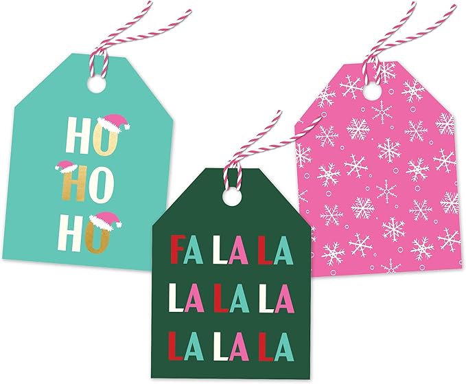 Pro Supply Global 24 Count of 2.5 Inch x 3 Inch Pre Strung Christmas FA La La Gift Tag Assorted Printed Designs on Large Cardstock Gift Hang Tags - Ideal to Use on Bags