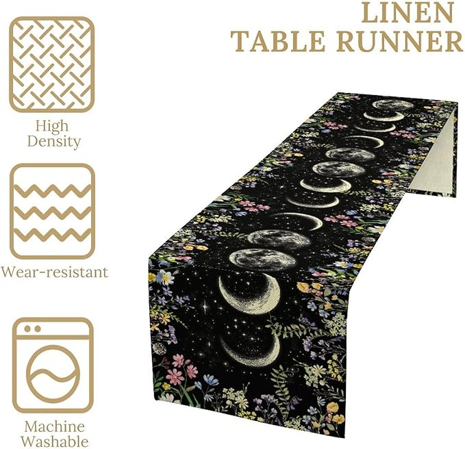 Wild Floral Table Runner, Boho Spring Gothic Moon Phase Wildflower Mystical Witchy Farmhouse Coffee Table Center Decor for Home Kitchen Dining Patio Holiday Party Table Decorations 13x108 inches