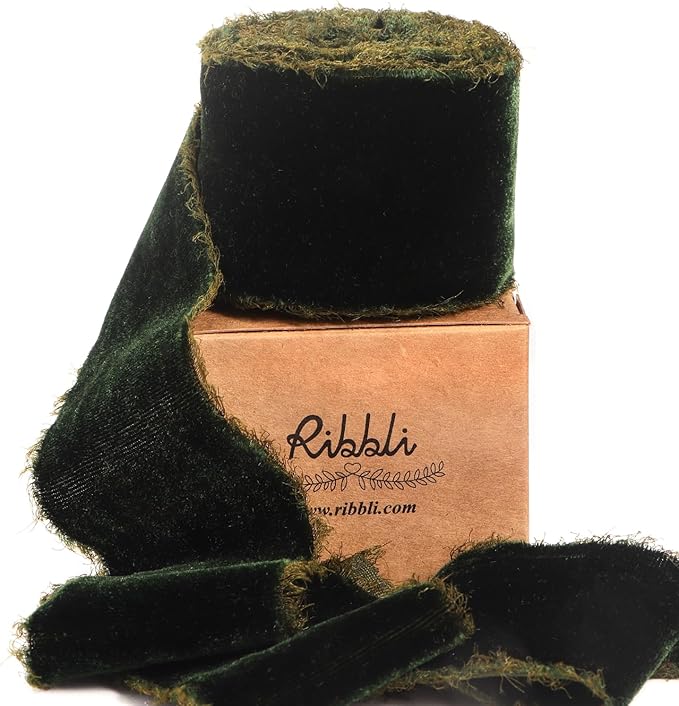 Ribbli Dark Moss Velvet Ribbon 2 Inch Handmade Frayed Vintage Christmas Ribbon for Gift Wrapping Christmas Tree Ornament Wreath Craft Home Decor -3 Yards