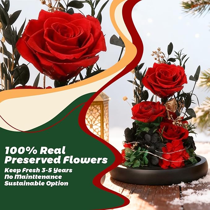 Christmas Real Preserved Flowers with LED, Red Forever Eternal Roses in Glass Dome, Gifts for Her Women Girlfriend for Birthday Anniversary, Home Decor