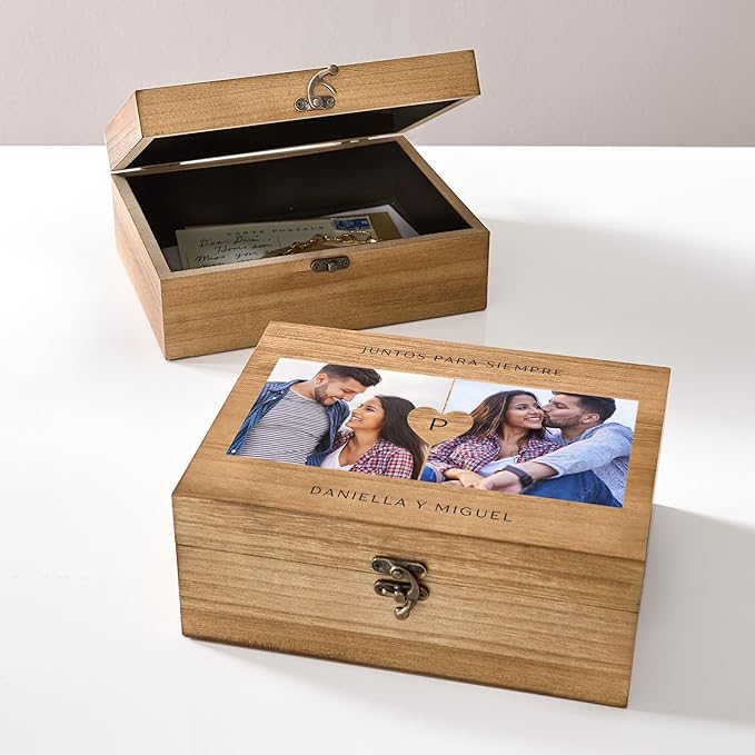 Let's Make Memories Personalized Wooden Keepsake Box With Hinged Lid - Wood Memento Box - Decorative Storage - Home Decor - For Couples, Wedding, Newlyweds - Upload Your Photo - Heart Initial