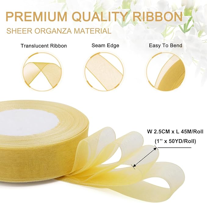 Gold Ribbon for Gift Wrapping, 1 inch 50Yard Sheer Organza Ribbon for Flower Bouquet, Golden Gifts Wrap Chiffon Ribbons for Fathers Day, Crafts, Christmas, Wedding, Birthday Party Decoration