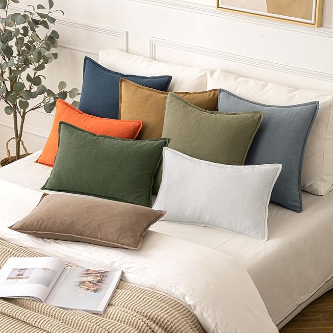 MIULEE Decorative Linen Pillow Covers 18x18 Inch Orange Boho Farmhouse Neutral Couch Throw Pillows for Bed Pack of 2 Accent Modern Pillowcase Summer Sofa Livingroom Home Decor