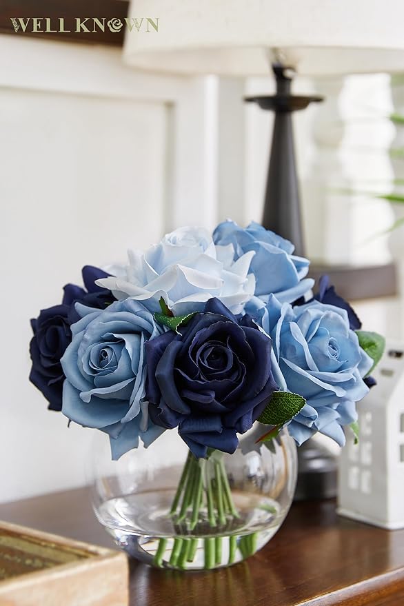 WELL KNOWN Silk Rose Artificial Flowers with Vase Artificial Rose Flower Arrangements in Round Bowl Vase with Faux Water for Home Table Decoration (Bicolor Blue)