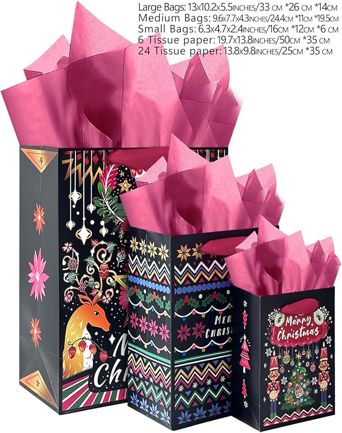 qiqee Christmas Paper Gift Bags with Tissue Paper Handles Assorted Sizes 10PCS Merry Christmas Bags(2pcs Large 13", 4pcs Medium 9", 4pcs Small 6"，30pcs Tissue Paper)